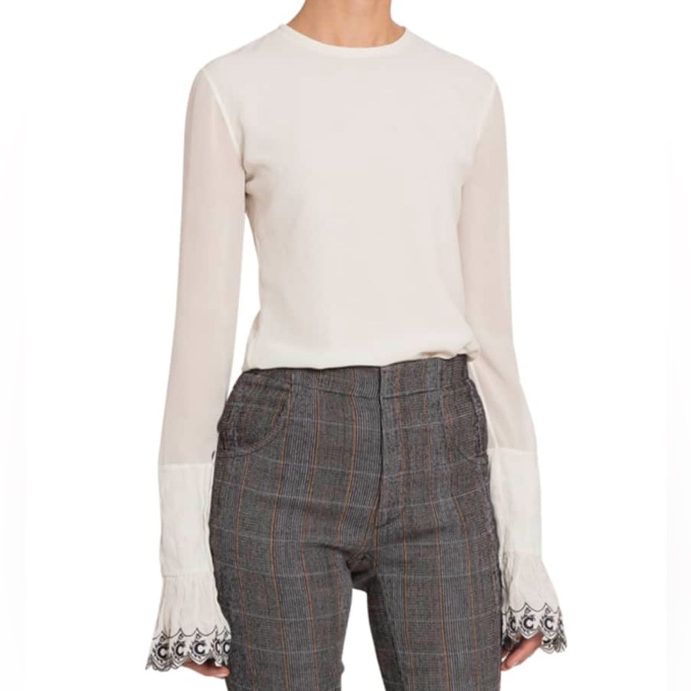 Chloé 100% Silk Embroidered Wide Sleeve Long Sleeve Top